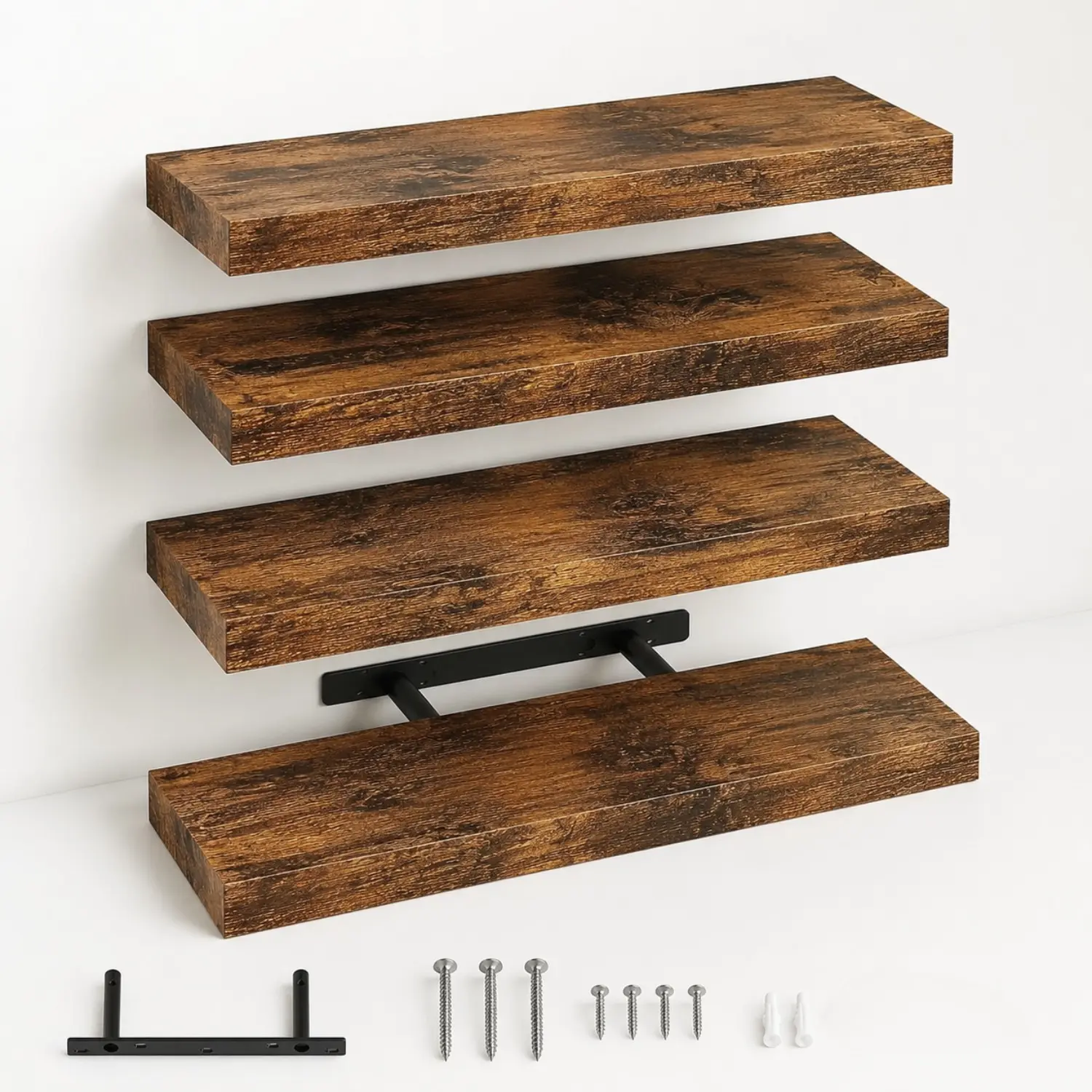 littleox Set of 4 Rustic Brown Wooden Floating Shelves for Wall, 16 Inch Wall Mounted Floating Storage Shelf, Farmhouse Display Book Shelf for Kitchen Bathroom Bedroom Living Room Home Decor Organization