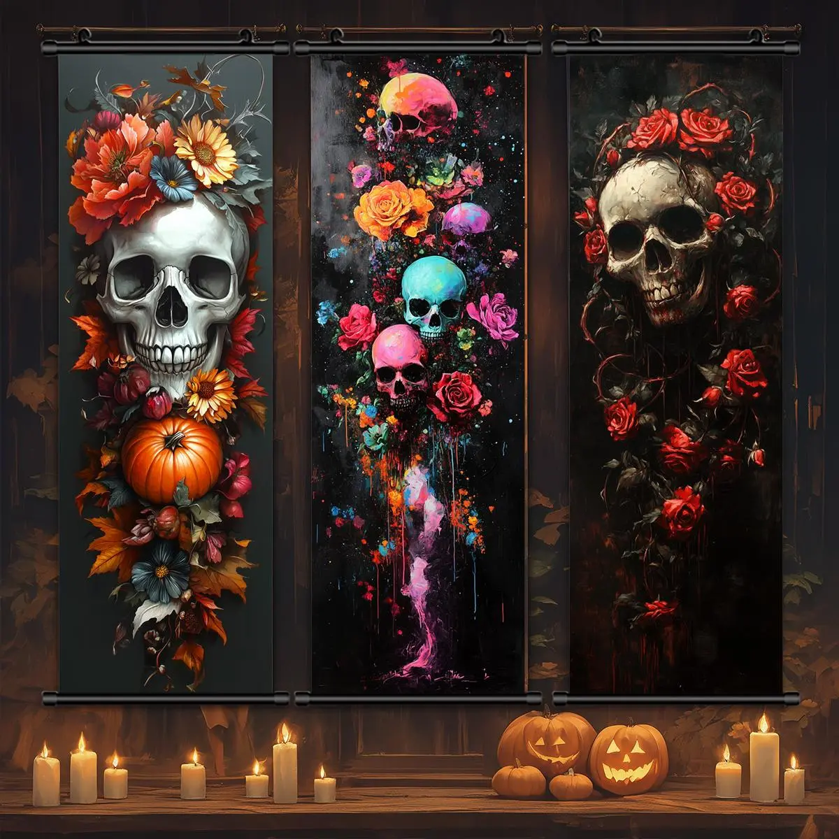Halloween Themed Vintage Wall Art, 3 Counts/set Skull & Flower Pattern Hanging Banner, Skull Floral Print, Scary Skull Poster, Halloween Decorations, Decoration Items, Horror Poster, Party Posters, Wall Art Painting