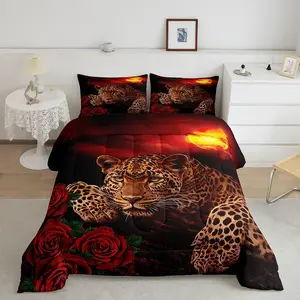 Sunset Luxury Bedding Set,Leopard Breathable Comforter,Red Rose Floral Cheetah Print Soft Designer Comforter Set,Bedroom Decor