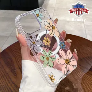 Magnetic Phone Case Supports Wireless Charging Case for iPhone 15 16 14 Pro Max 13 12 11 XR XS Plus E Colorful Floral Harmony Pattern Non-Yellowing Shockproof Clear Slim Protective Softcase Transparent Acrylic Large Hole Cover