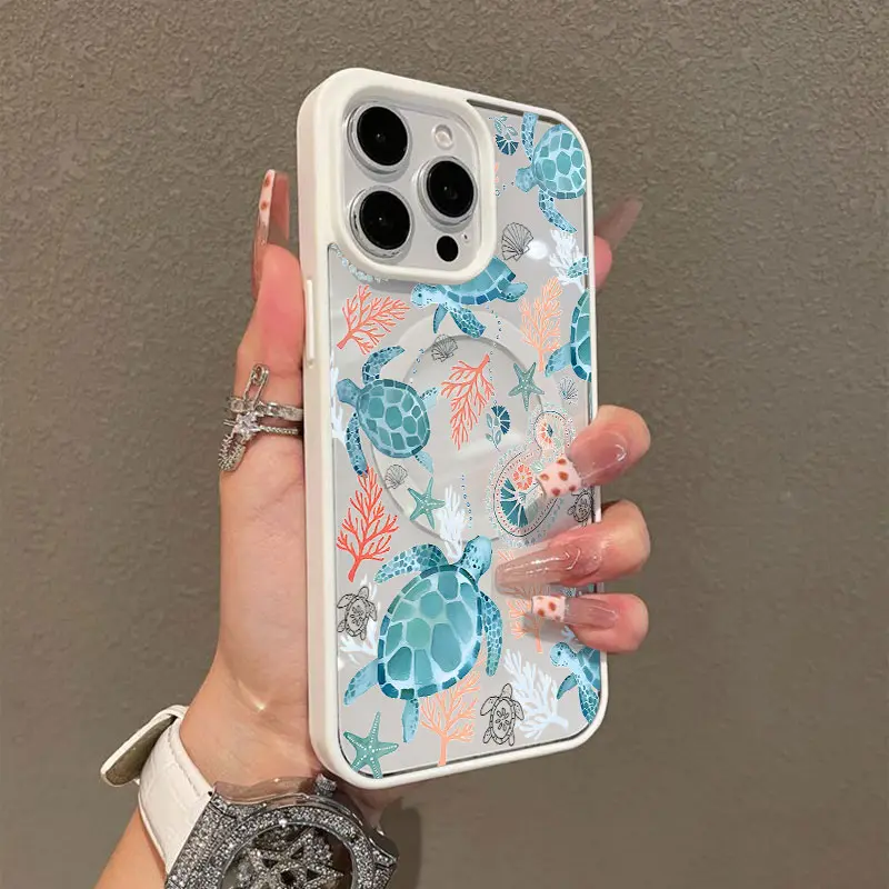 [Magnetic Design]Premium Magnetic Case Compatible with iPhone 17/16 Pro Max 15 Plus 14 13 12 11 Ocean Sea Turtle Seagrass Pattern Durable Magnetic Grip Shockproof Anti-Scratch Non-Yellowing Transparent Colorful border Protective Cellphone Case
