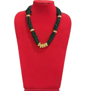 Women's Traditional Nepali Hydro Naugedi Mini Necklace, Green Beads, Gold Accents, Necklaces for Women