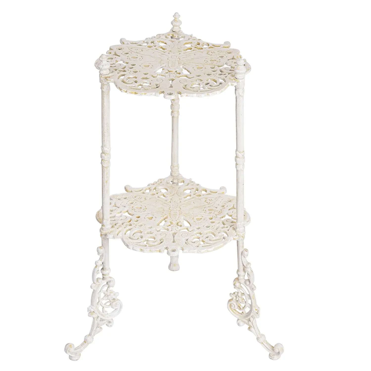 Sungmor Antique White Cast Iron 3-Tiered Plant Stand - Rustic Floral Design with Butterfly Motif, Heavy-Duty Metal Pot Holder, Both Indoor/Outdoor Flower Pot Display Shelf, Flower Pots & Planters