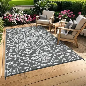 Plastic Straw Outdoor Rug Waterproof Reversible Mat, UV-Resistant Vintage Medal Camping Outdoor Carpet for Patio Deck Balcony Picnic Fold Portable Outdoor Large Floor Mat Gray White