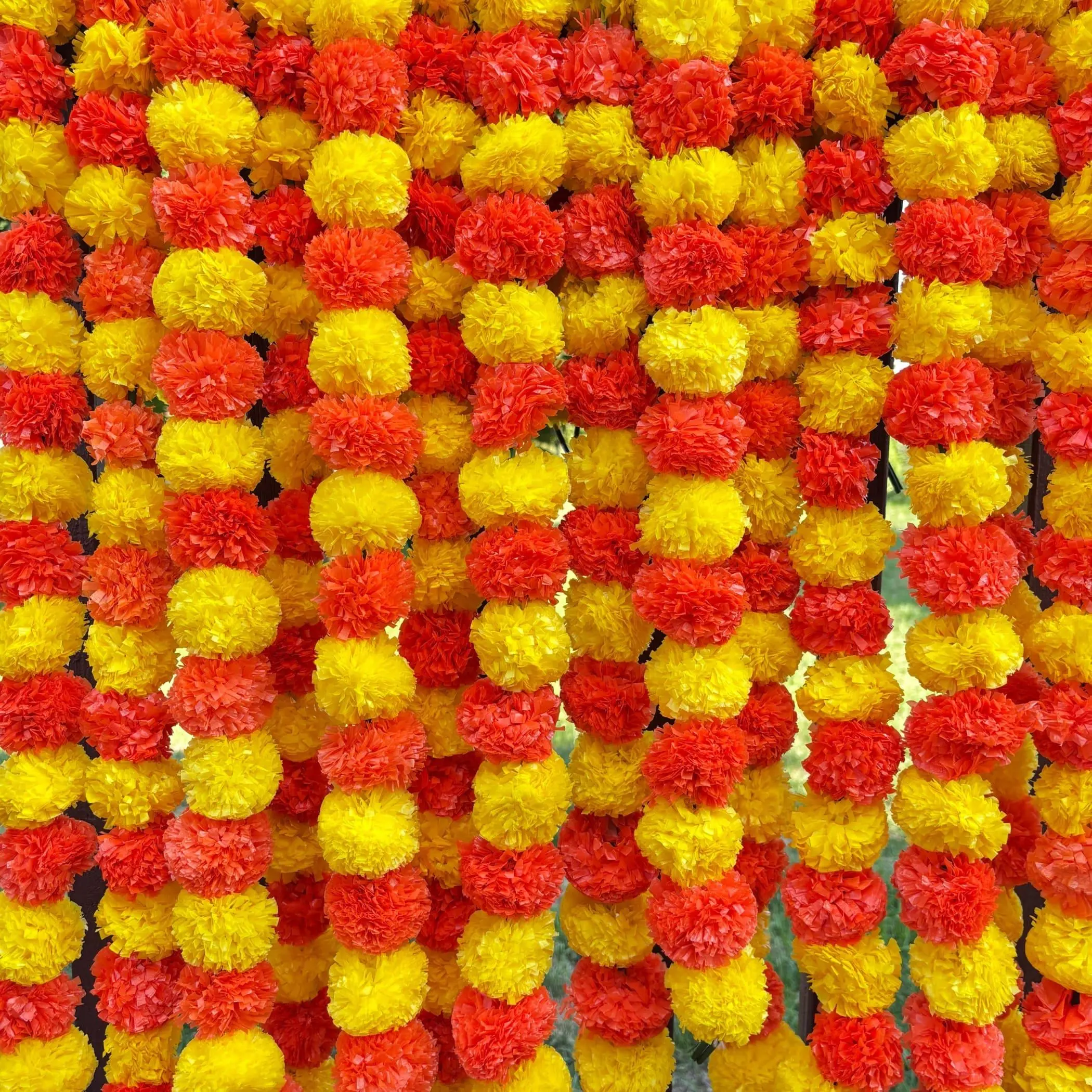 LoveNspire Vibrant Plastic Artificial Marigold Garland - Irregular 100-Strings Artificial Flower Wreath, Yellow-Orange Blooms, Religious Contemporary Wall Hanging, Festive Decoration for Diwali, Anniversary, Baby Shower, 100Strings, Ceremony
