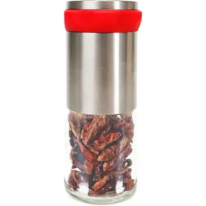 Chili Pepper Mill Grinder, Manual Spice Grinding Mills with Handle for Hot Cumin, Sea Salt or Pepper, Professional Chef Refillable Glass Body, Small 3Oz Capacity, Stainless Steel Blades
