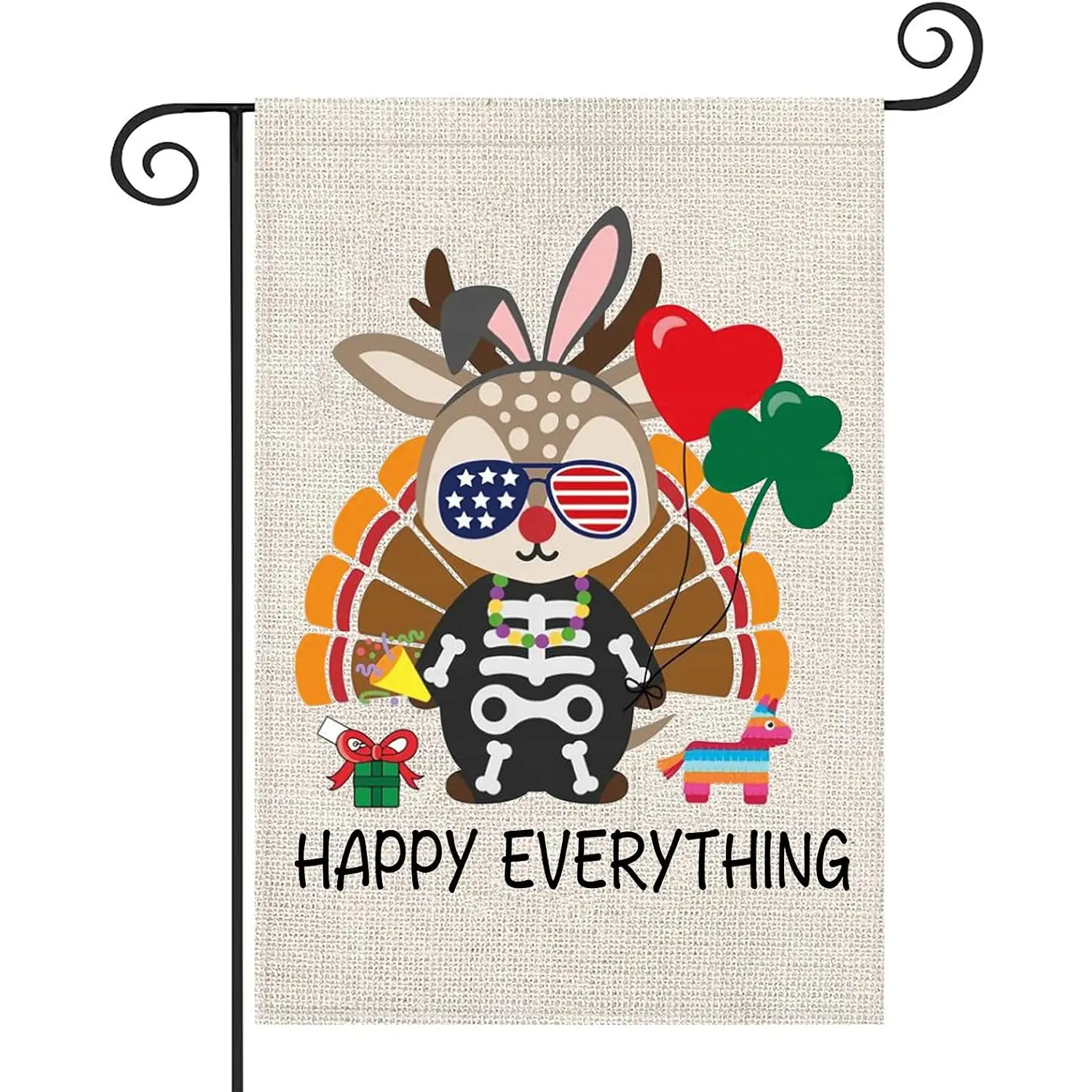 Happy Everything Garden Flag 12x18 Inch Modern Outdoor Yard Decor with Patriotic Bunny, Skeleton, and Heart Design, Perfect for Every Holiday, Holiday Yard Decor, Patriotic Theme, Durable Outdoor Flag, Garden Decor, Linen Double-Sided, No Flagpole
