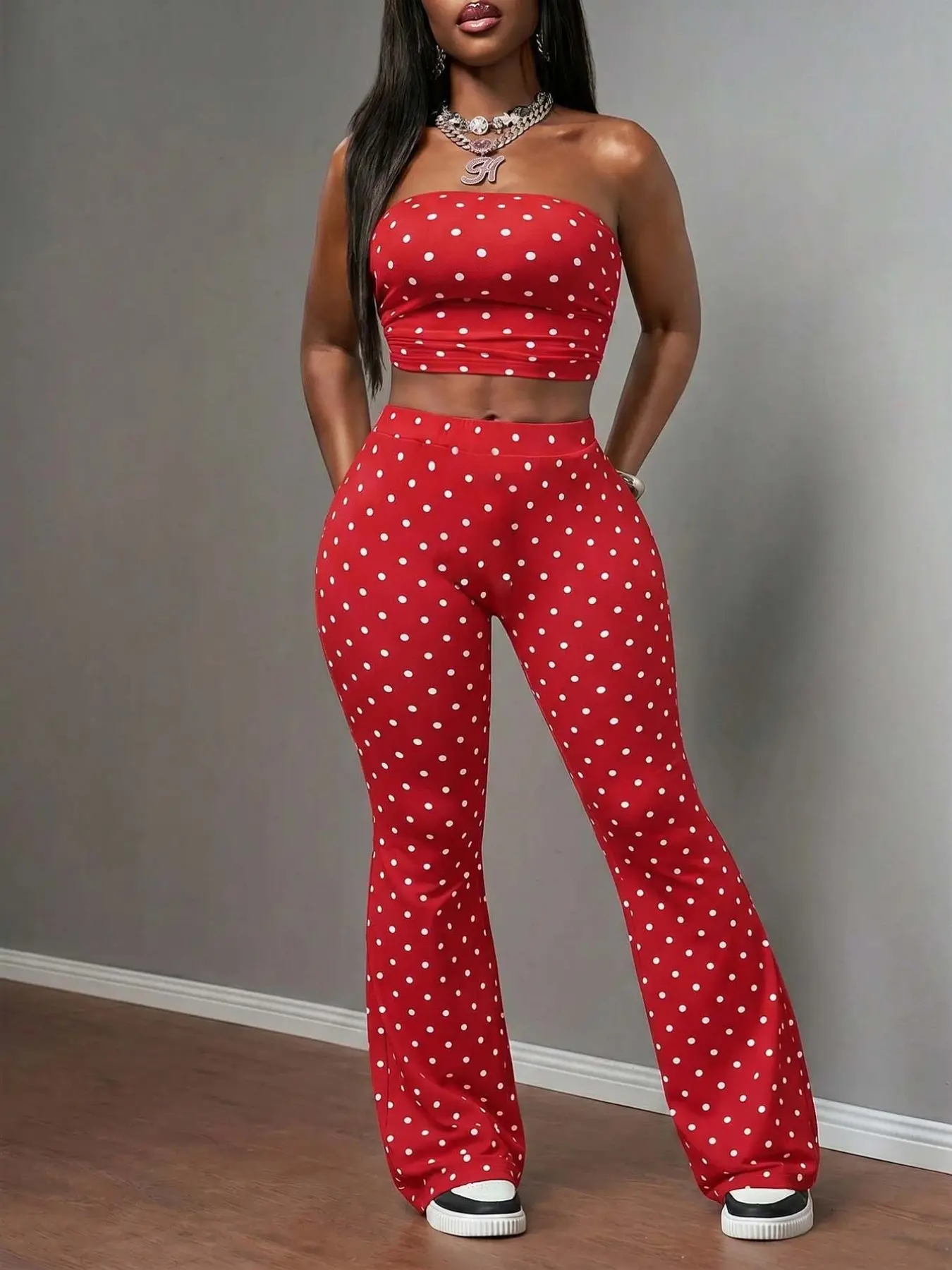 Women's 2 Piece Polka Dot, Strapless Tube Top and Flare Pants Set, High Waisted Bell Bottom Trousers, Casual Y2K Clubwear Fit, Clothes