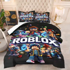 Roblox's themed promotional illustration printed bedding set includes 1 blanket and 1 or 2 pillowcases without pillowcases, soft children's and adult bedroom decoration gifts Soft Bedding Sets