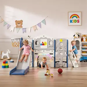 BIERUM 10-in-1 Toddler Playset Slide, Indoor Outdoor Baby Slide with Lights, Drawing Board & Building Blocks, Kids Playground for Toddlers Ages 1-3