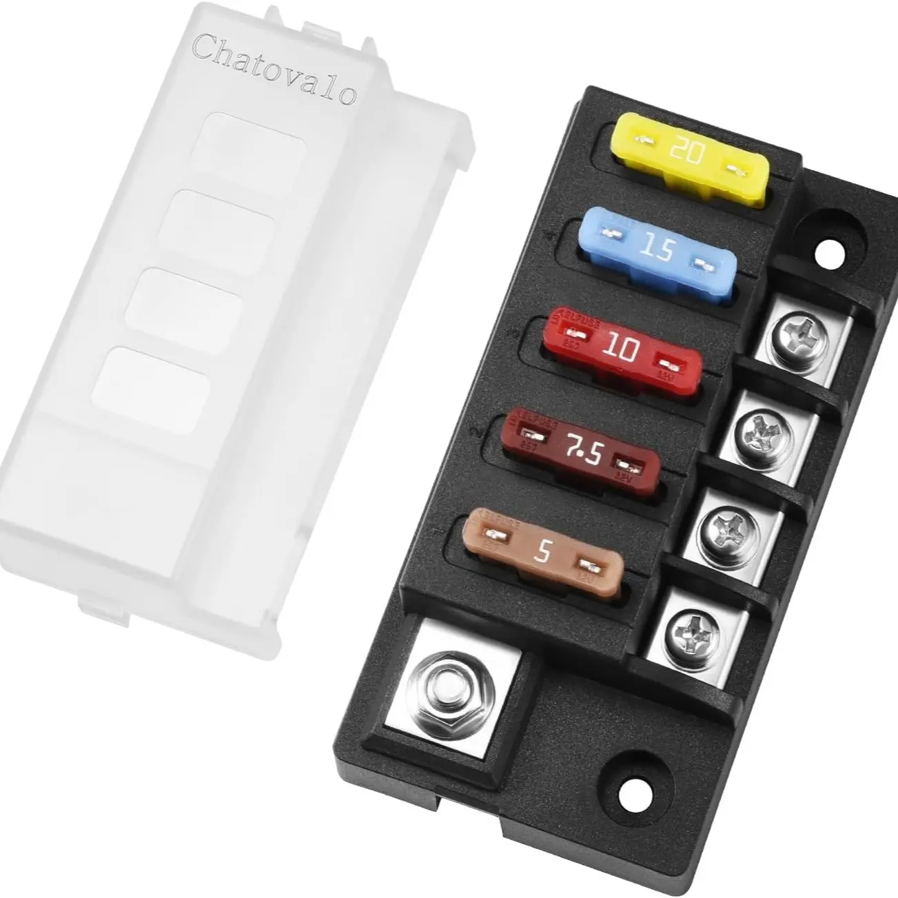 4 Circuit Blade Fuse Box, 150A Total, 12V/24V/48V DC Distribution Protection for Automotive & EV Auxiliary Protector Installation