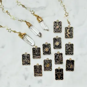 Raw Clear Quartz Pendulum with Custom Tarot Charm & FREE Yes/No Pendulum Board - Gold Stars, Moon Chain - Dowsing Divine Guidance