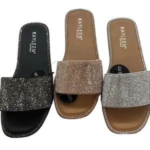 WOMENS RHINESTONE BAND SANDAL SLIDE WIDEFIT WFMIA-41 Women's Open Toe Sandals Footwear Casual