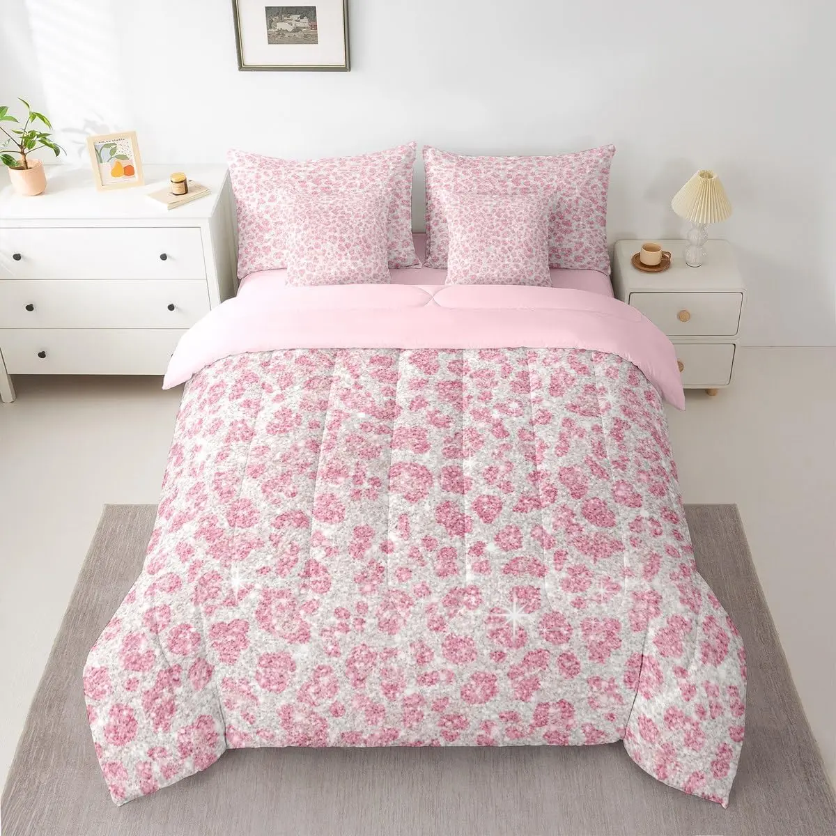 Pale Pink Leopard Comforter Set with Sheets 7 Piece Cheetah Bedding Set Animal Print Bed in a Bag Leopard Fur Print Room Decor Safari Soft Lightweight Microfiber
