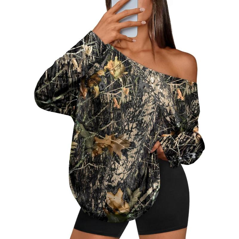 Womens Off The Shoulder Tops Oversized Tshirts Long Sleeve 2026 Casual Basic Tees with Camouflage Print Womenswear Blouse Floral  Fashion Elegance Everyday Style Fit