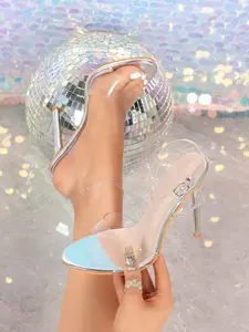 Women's Fashion Transparent High Heel Sandals, Adjustable Round Toe, Silver Color Stiletto, Perfect for Weddings and Events