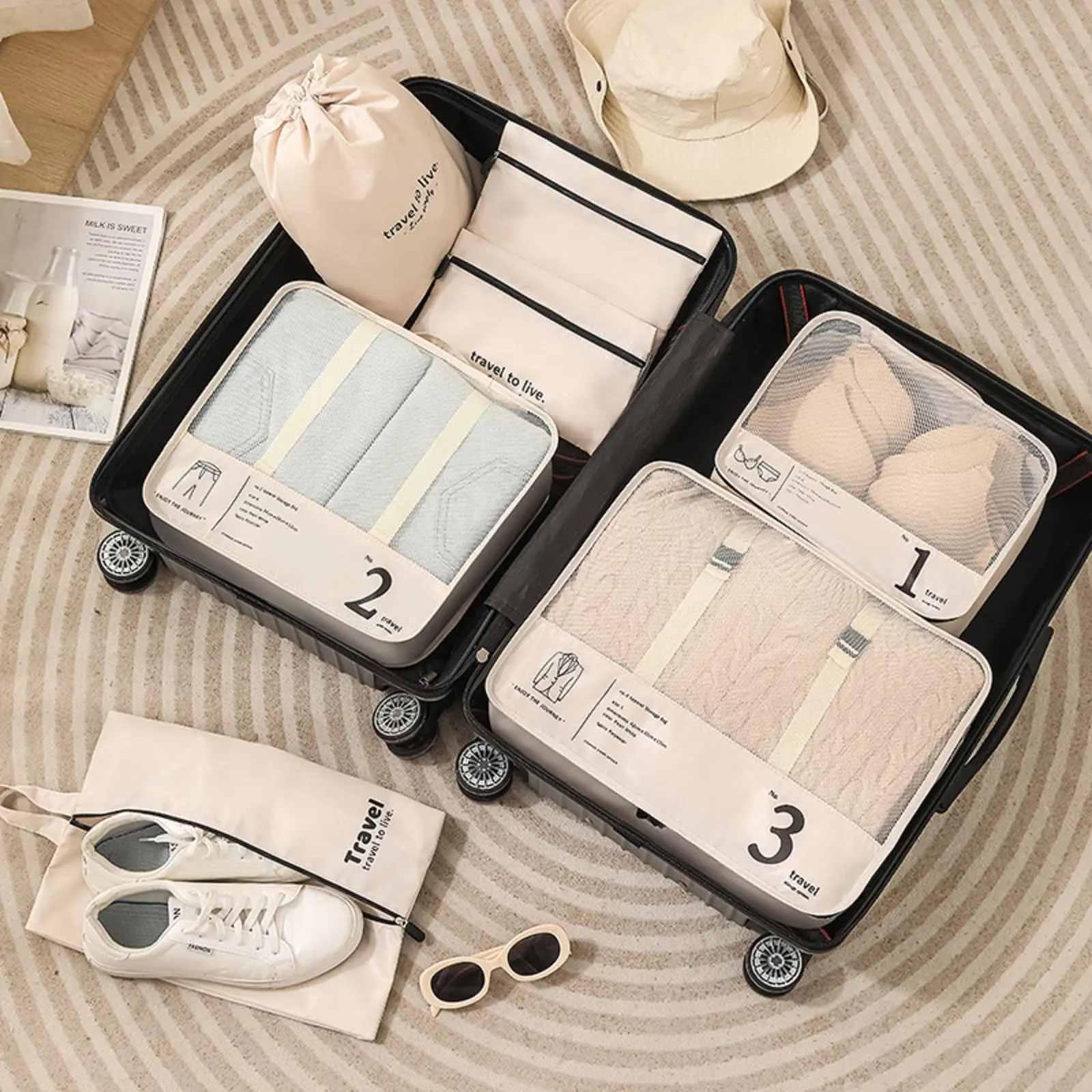 7PCS Portable Travel Storage Bag Set, Travel Organizer, Travel Cosmetic Storage Bag Set for Clothing & Makeup, Perfect for Luggage and Suitcase Packing, Waterproof Pouch, Travel Clothes Organizer (Black, White, Beige)