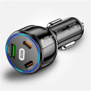90W Super Fast Charging USB C Car Charger - Dual PD 30W+QC3.0,3 in 1 Charging Station with LED-Cigarette Lighter USB Charger Compatible with iPhone 14 13 12 Pro iPad MacBook Pro (1USB+2PD Black)