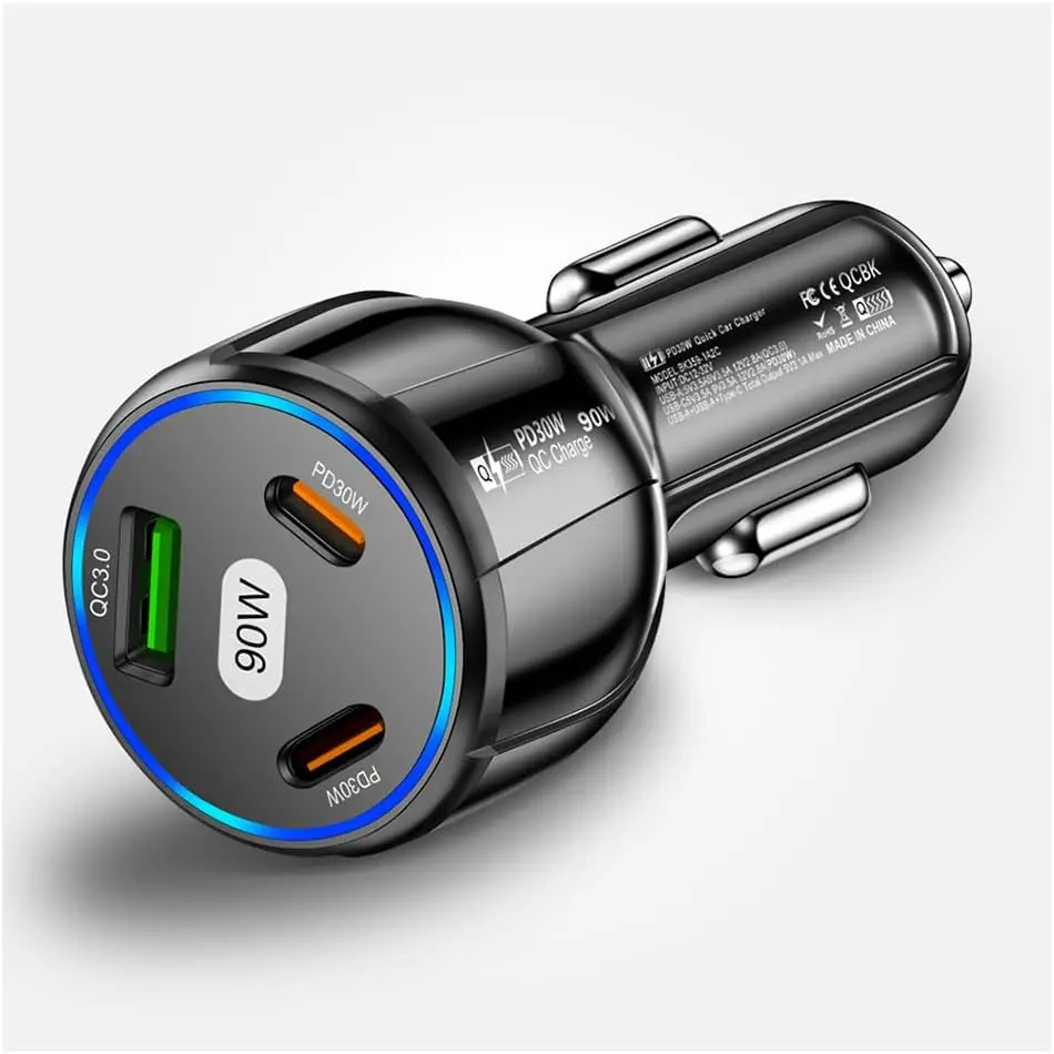 90W Fast Charging USB-C Car Charger - 3-Port DC12-32V Input, Dual 30W PD+QC3.0, Fire-Retardant PC Station with LED Lights, Cigarette Lighter Adapter for iOS Android Devices (1USB+2PD, Black)