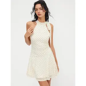 Cider Women's Casual Polka Dot Halter Neckline Ruched Ruffle Mini Dress SwimWeek