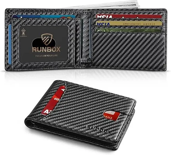 RUNBOX Wallet for Men Slim 11 Credit Card Holder Slots Leather RFID Blocking Small Thin Men's Wallet Bifold Minimalist Front Pocket Large Capacity Gift Box