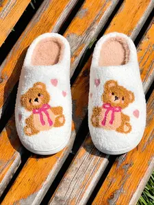 Women's Cute Cartoon Bear Design Plush Slippers, Casual Soft Comfortable Home Slippers, House Slippers, Warm Slippers for Indoor & Outdoor Use for Fall & Winter, Footwear
