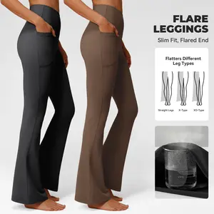 SHOWITTY 2-Pack Flare Leggings for Women with Pockets – Plus Size Crossover High-Waisted Black Workout Underwear