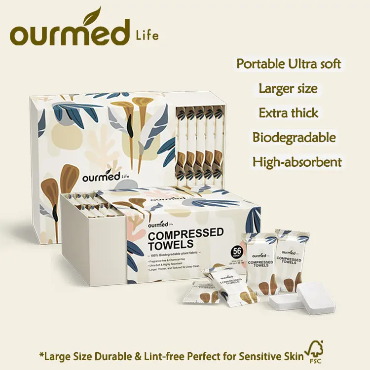 Ourmed Life Compressed Towels Tablets, Coin Size Disposable Washcloths, 12 x 10 In, 112 Ct Individually Wrapped, slide-open box, Biodegradable, Lint-Free, Dry Wet Use for Travel, Makeup Removal, Camping & Hiking