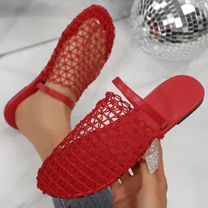 Women’s Fishnet Mesh Slide Sandals Square Toe Flat Hollow-Out Summer Casual Shoes for Beach Vacation Wear