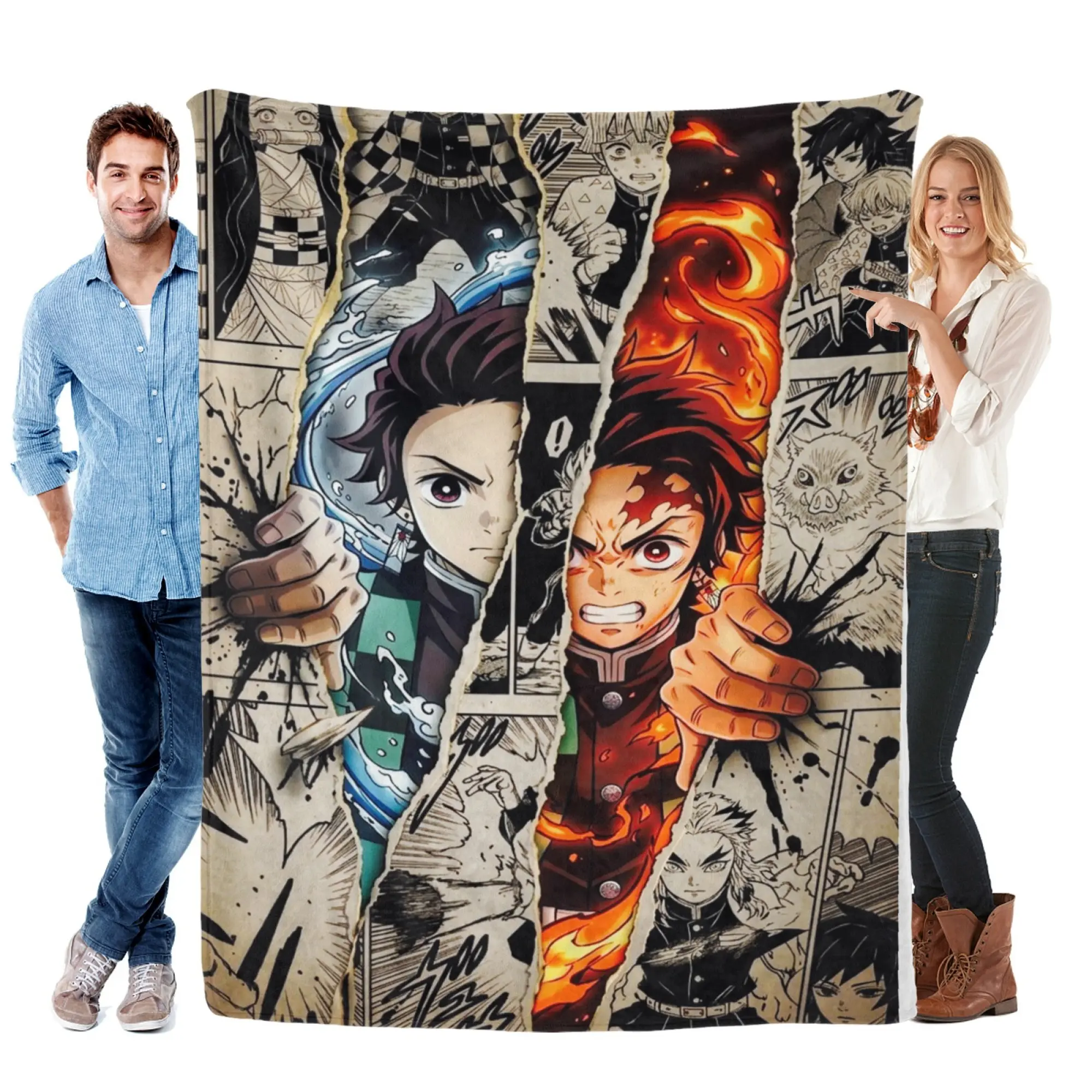 Demon Slayer Tanjiro Dual Form Flannel Throw Blanket - Flannel Fabric, Durable, Soft, Warm, Lightweight - Water & Sun Breathing Torn Comics Print - Sofa Bed Cover Gift for Anime Fans - Room, House, Whimsical Home Decor for Cozy Nights, Room Decor, Multi-S