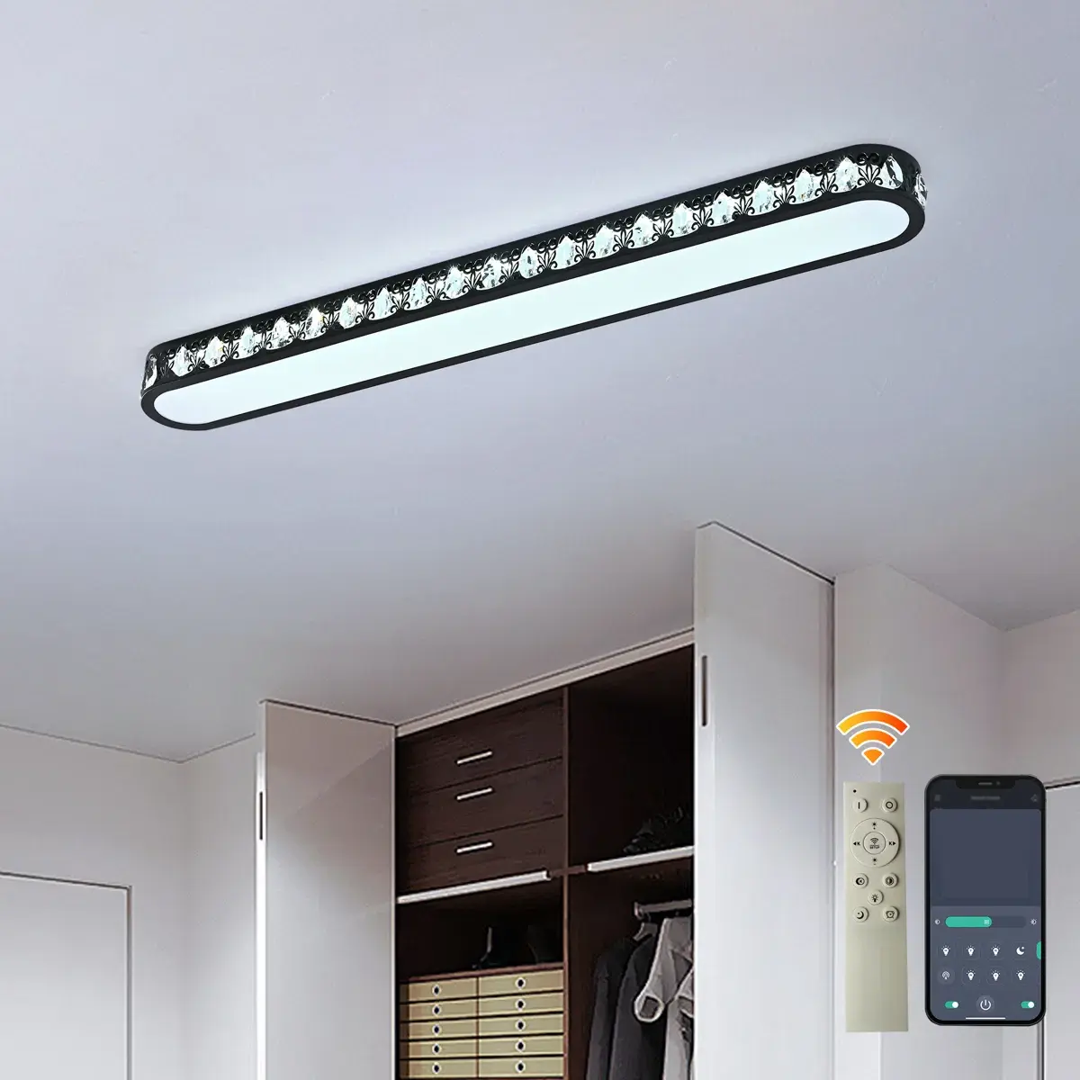 Garwarm 47.2in Crystal Openwork Iron Metal LED Recessed Flush Mount, Dimmable Ceiling Light with Remote Control, Modern Black Fixture for Kitchen, Living Room