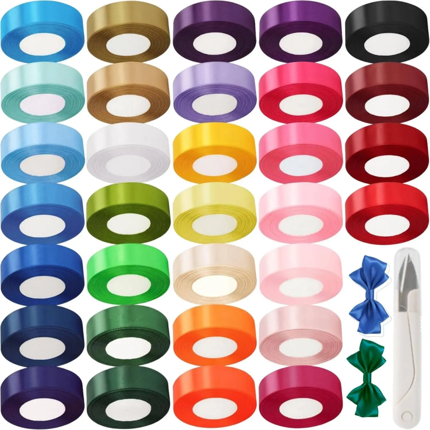 32 Rolls 1 Inch Satin Ribbon Set (800 Yards),Double Sided Polyester Fabric Ribbon in 32 Color with Precision Thread Snips for Gift Wrapping & DIY Crafts,Hair Bows,Wedding Decoration,Hand Tools Kits