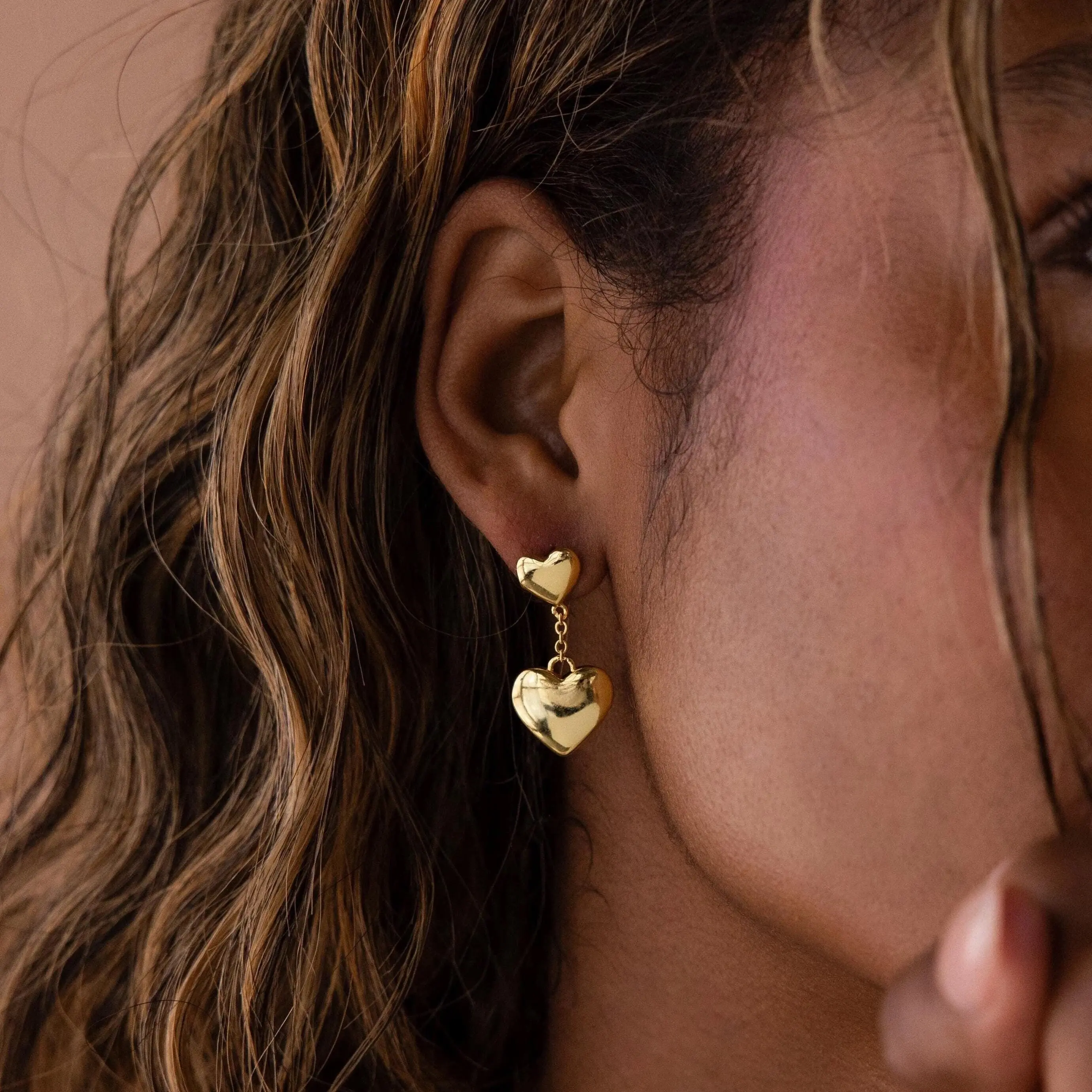 Duo Heart Drop Studs by Caitlyn Minimalist - Dangling Puff Heart Stud Earrings in Gold & Silver - Cute Statement Jewelry - Girlfriend Gift