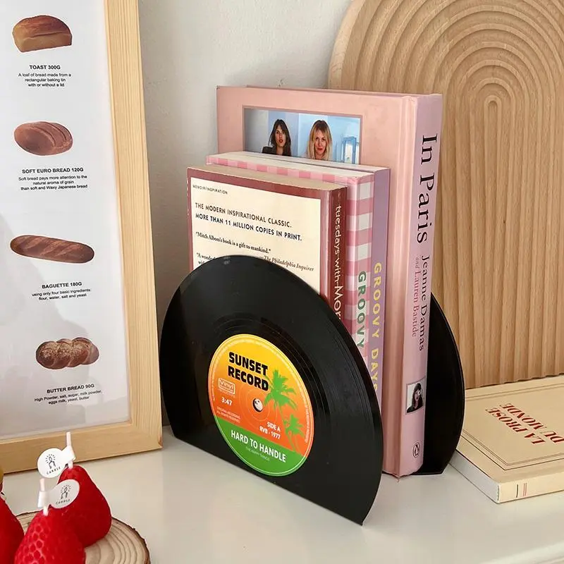 Vintage Vinyl Record Design Bookends, 2pcs/set Retro Plastic Bookends with Sunset Record & Happy Book Design, Bookshelf Accessories, Home Decor, Book Organizer