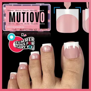 MUTIOVO French Tip Toe Nail Tips Press on, Sharp Square Pre-Designed Soft Gel False Toenail Extension, BABY PINK Pre-applied Tip Primer & Base Coat, Full Cover Acrylic for DIY x 15 Sizes 240 pcs