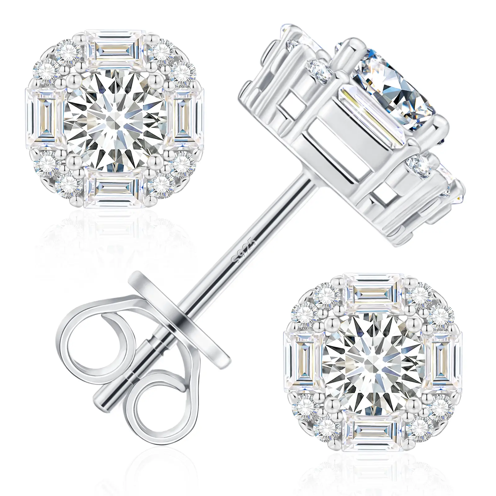 【#E250】925 Sterling Silver Synthetic Moissanite Square Halo Earrings for Women Men Jewelry Gifts Hip Hop Rapper