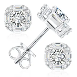 【#E250】925 Sterling Silver Synthetic Moissanite Square Halo Earrings for Women Men Jewelry Gifts Hip Hop Rapper