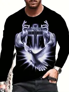 Men's Classic Pattern 3D Printed Long Sleeve Fitted Shirt Fabric, Comfortable Outdoor Fall & Winter Top, Fashion Halloween Tee for Men, Menswear