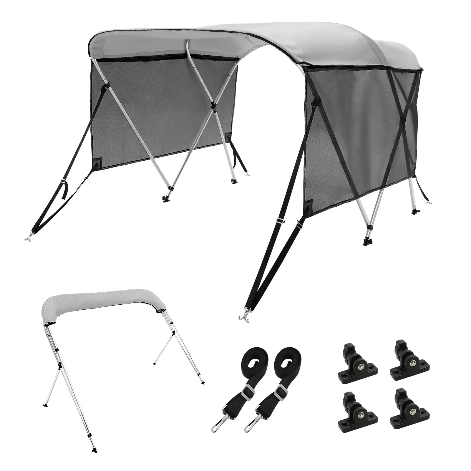 VEVOR 3 Bow Bimini Top Boat Cover,  Detachable Mesh Sidewalls, 600D Polyester Canopy with 1" Aluminum Alloy Frame, Includes Storage Boot, 2 Support Poles, 2 Straps, 6'L x 46"H x 67"-72"W, Light Grey