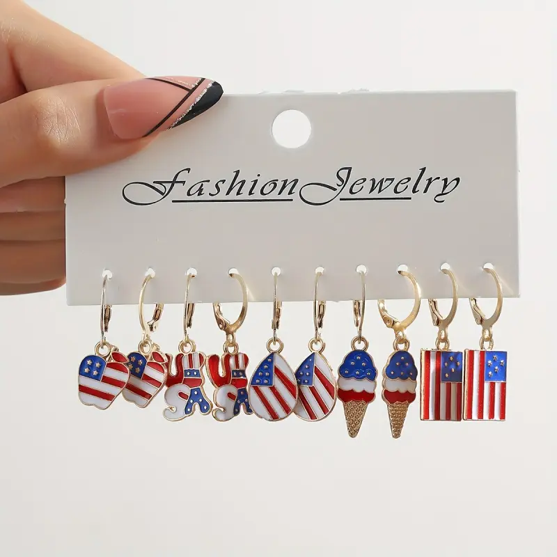 1 set of creative red, blue, and white striped American Independence Day earrings, personalized flag earrings, 5 pairs, Independence Day holiday party jewelry decorations, Fashion Jewelry, Dangle Hoop Earrings, Dangling Earrings, Earring Pack