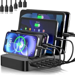 Station for Multiple Devices : 6 Port USB Charger Stations - Family Multi-Device Organizer  Dock - Designed for  iPad Android Cell Phone Tablet and , Black