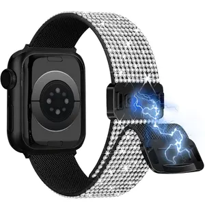 Sparkly Stretchy Nylon Magnetic Band Fit Bling Strap For Apple Watch Bands for Women (42mm Series 11/10) 41mm 40mm 38mm 46mm 45mm 44mm Ultra 49mm, Elastic Sport iWatch Bands for Glitter For iPhone Watch Series 11 10 SE 9 8 7 6 5 4 3, Smart Watch Straps