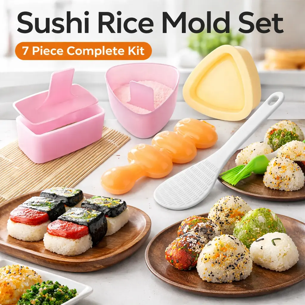 7-Piece Onigiri Rice Ball Mold Maker Kit – BPA-Free Musubi Press & Classic Triangle Shaper Set, Includes Sushi Roller Mat, Rice Paddle & Brush for Kids Bento, Lunch Boxes & Home DIY