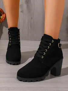 Women's Fashion High Heel Short Boots, Flat Sole, Thick Heel, Side Zipper, Stylish and Comfortable, Perfect for Daily Wear, Footwear