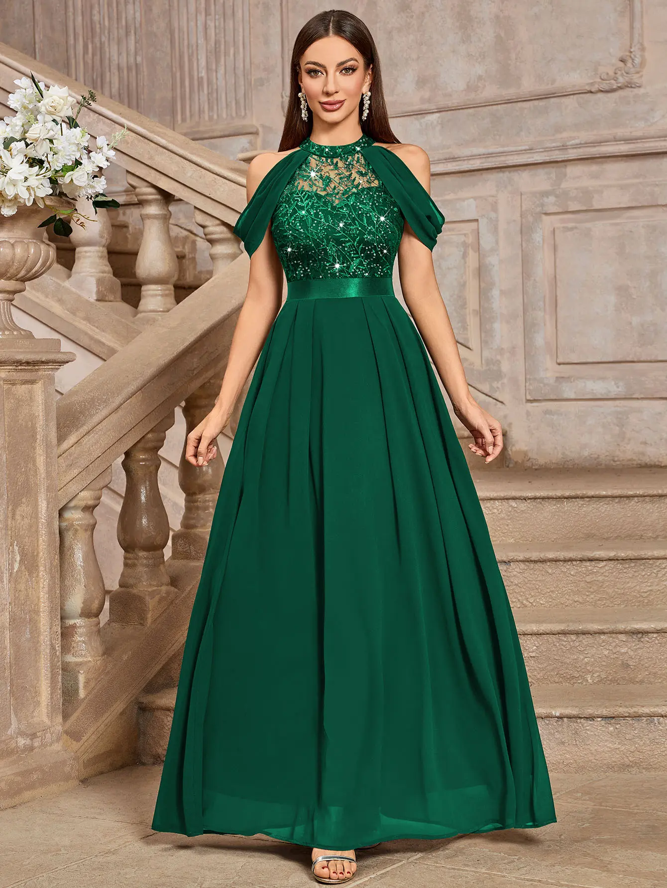 Miusol 25755A Women's Modest A-Line Formal Halter Neck Sequin-Embroidered  Lace Off-Shoulder Chiffon-Sleeve Maxi Dress with Zip, Elegant Dresses for  Women for Wedding Guest, Cocktail Events - TikTok Shop