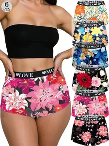 Morvia 6pcs Women's Floral Boyshorts, Panties, Vibrant Realistic Flower Print, Soft Breathable Shorts for Sleep, Home & Fitness, All Seasons Fitted Style, Breathable Comfy Innerwear