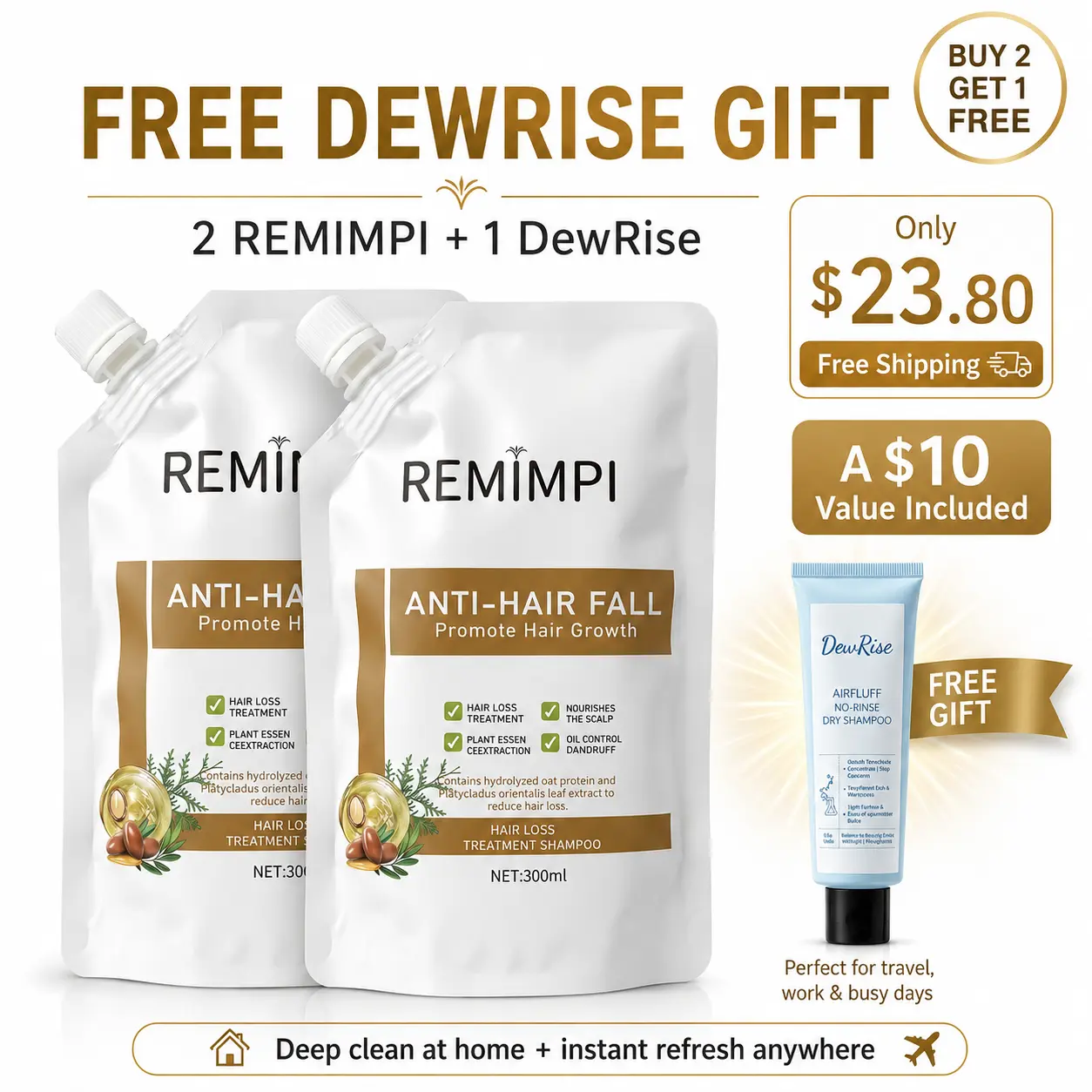 Full-Scalp Hair Care Set – REMIMPI Hair Loss Shampoo for Deep Clean + DEWRISE No-Rinse Dry Shampoo for On-the-Go Refresh (Buy 2 Get 1 Free) summerwins