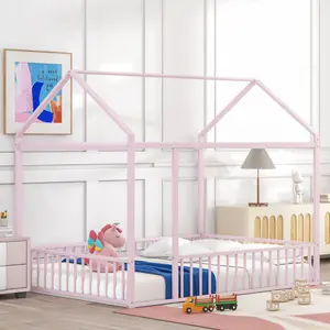 Full House Bed Frame with Rails, Metal Full Floor Bed, Full Size Bed Frame with Roof, Full Playhouse Beds for Bedroom, Pink