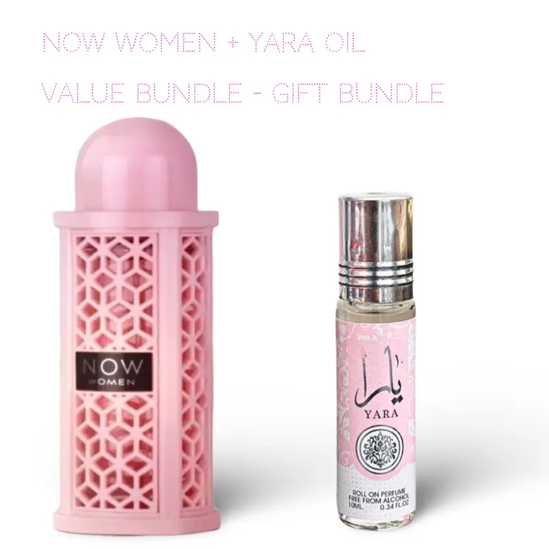 Lattafa Perfumes Now Women 100ml (3.4 Fl oz) + Yara 10ml (0.34 Fl.oz) Roll On Perfume Oil - Long Lasting Perfume - Value Bundle Fragrance Gift Bundle, Amber, Vanilla