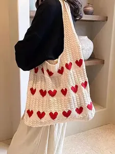 Heart Graphic Crochet Tote Bag for Women – Cute Aesthetic Shoulder Handbag for Everyday Use, Casual Outings & Beach Trips, Gift for Girls
